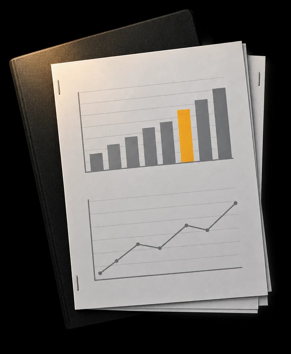 Ein gehefteter Kampagnenbericht mit Balkendiagramm, ein Balken in Amber, darunter ein zweiter Bericht und ein schwarzes Notizbuch.