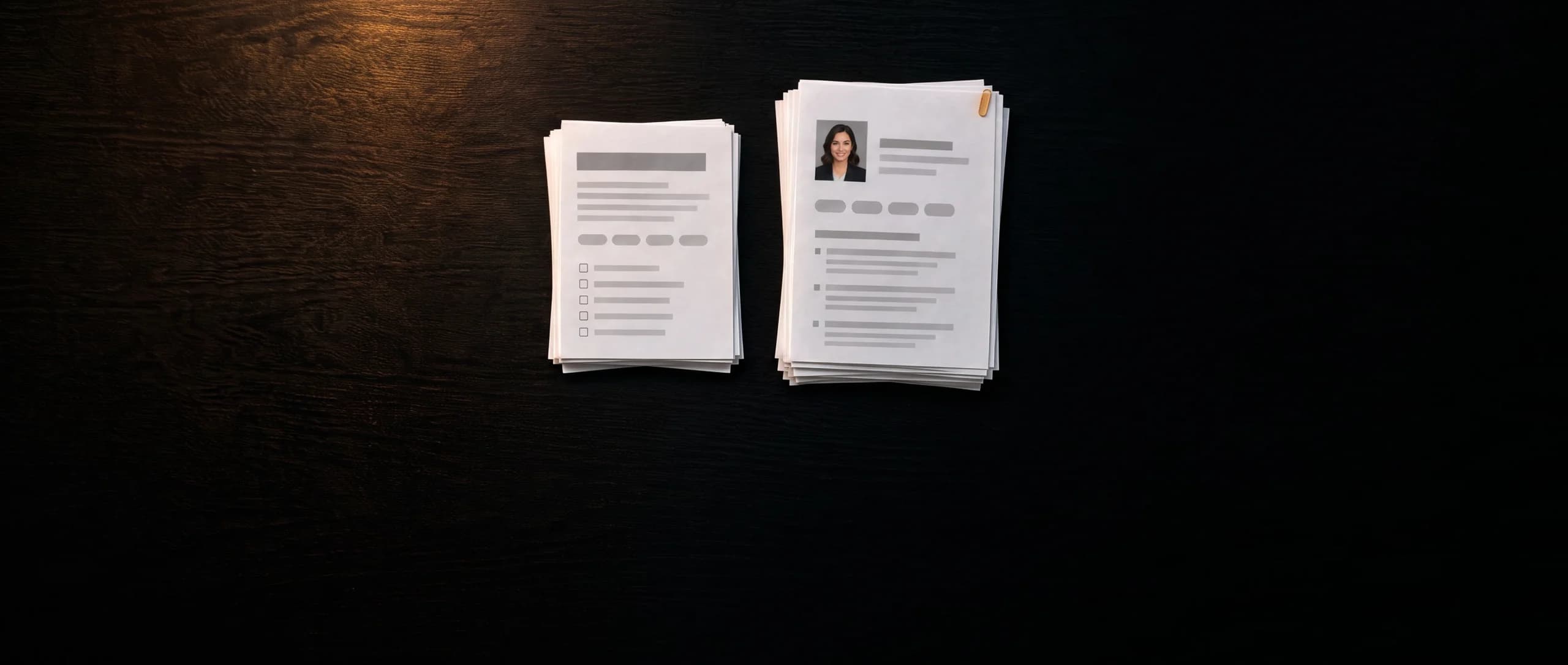 Ein Projekt-Briefing und daneben ein Stapel Profile mit Portrait auf dunklem Holz