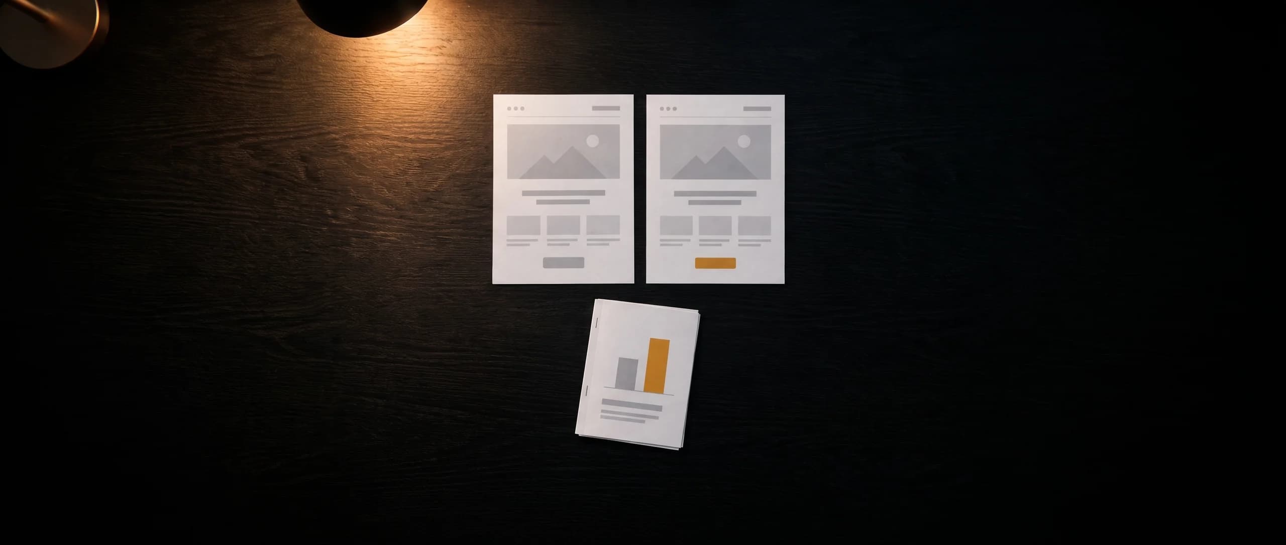 Zwei Entwürfe einer Landing Page, einer mit grauem, einer mit Knopf in Amber, darunter ein Report mit Balken