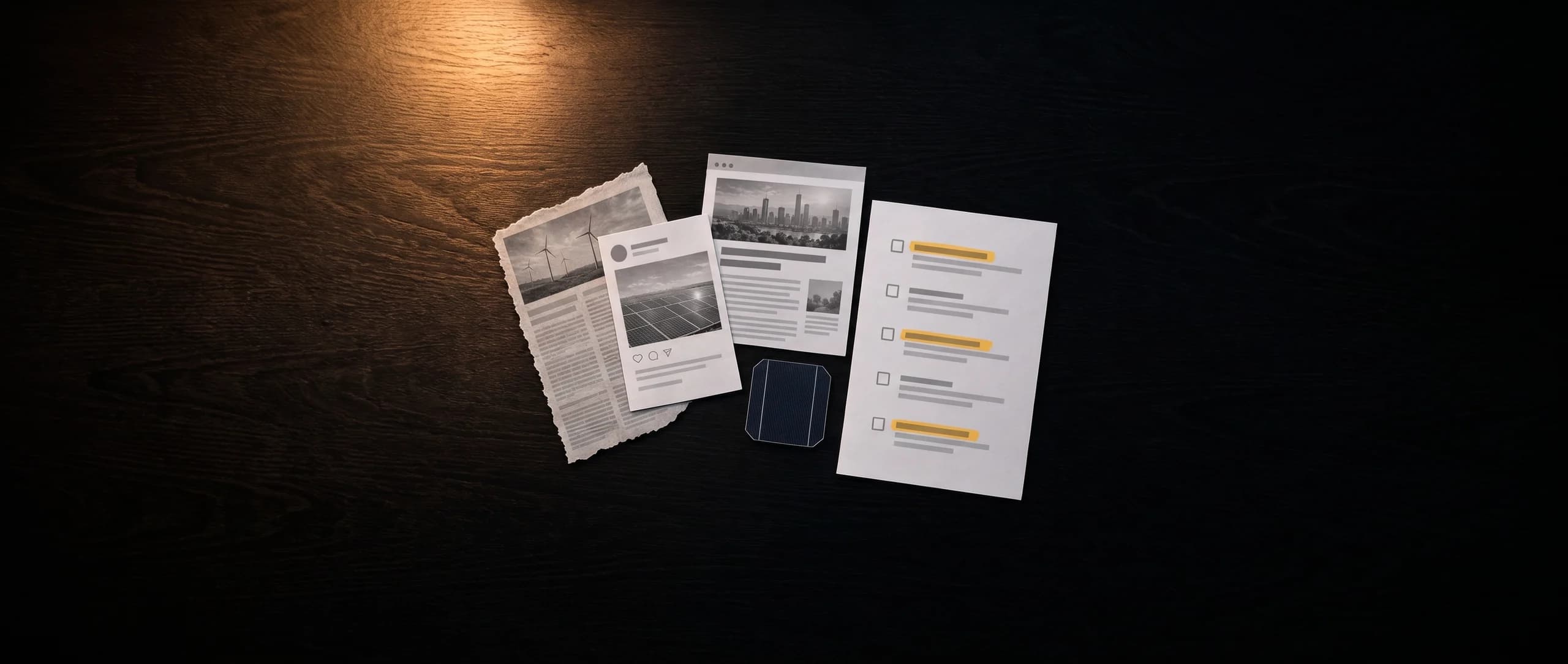 Ein Zeitungsartikel, ein Social-Media-Post, ein Blogartikel und eine Liste mit Markierungen in Amber auf dunklem Holz