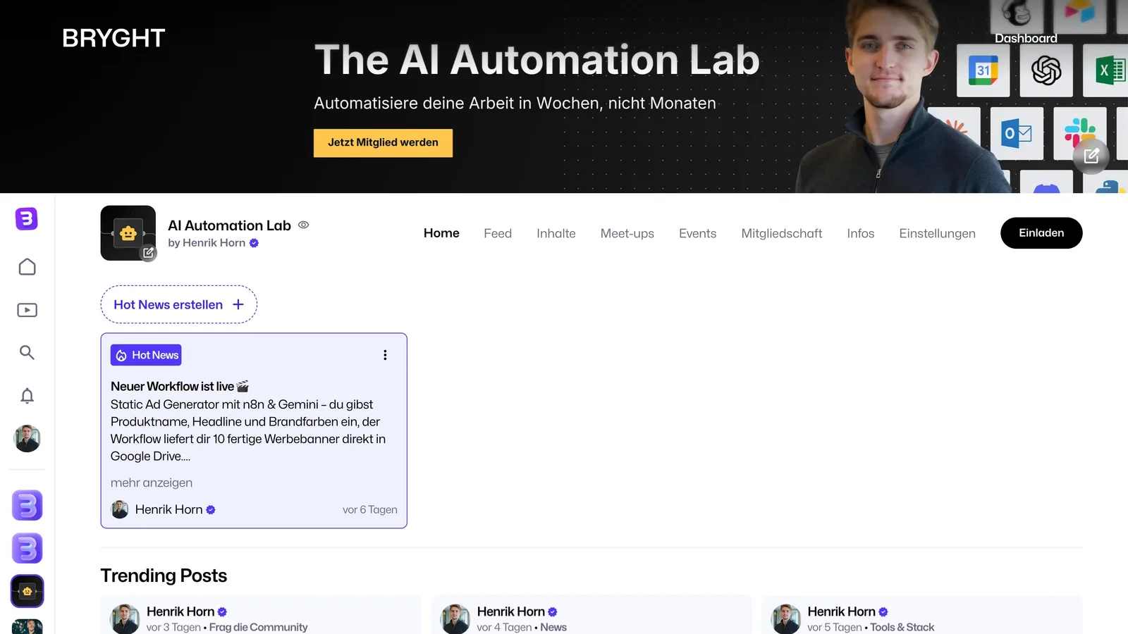 Startseite des AI Automation Lab auf BRYGHT mit Neuigkeiten, Beiträgen und Inhalten