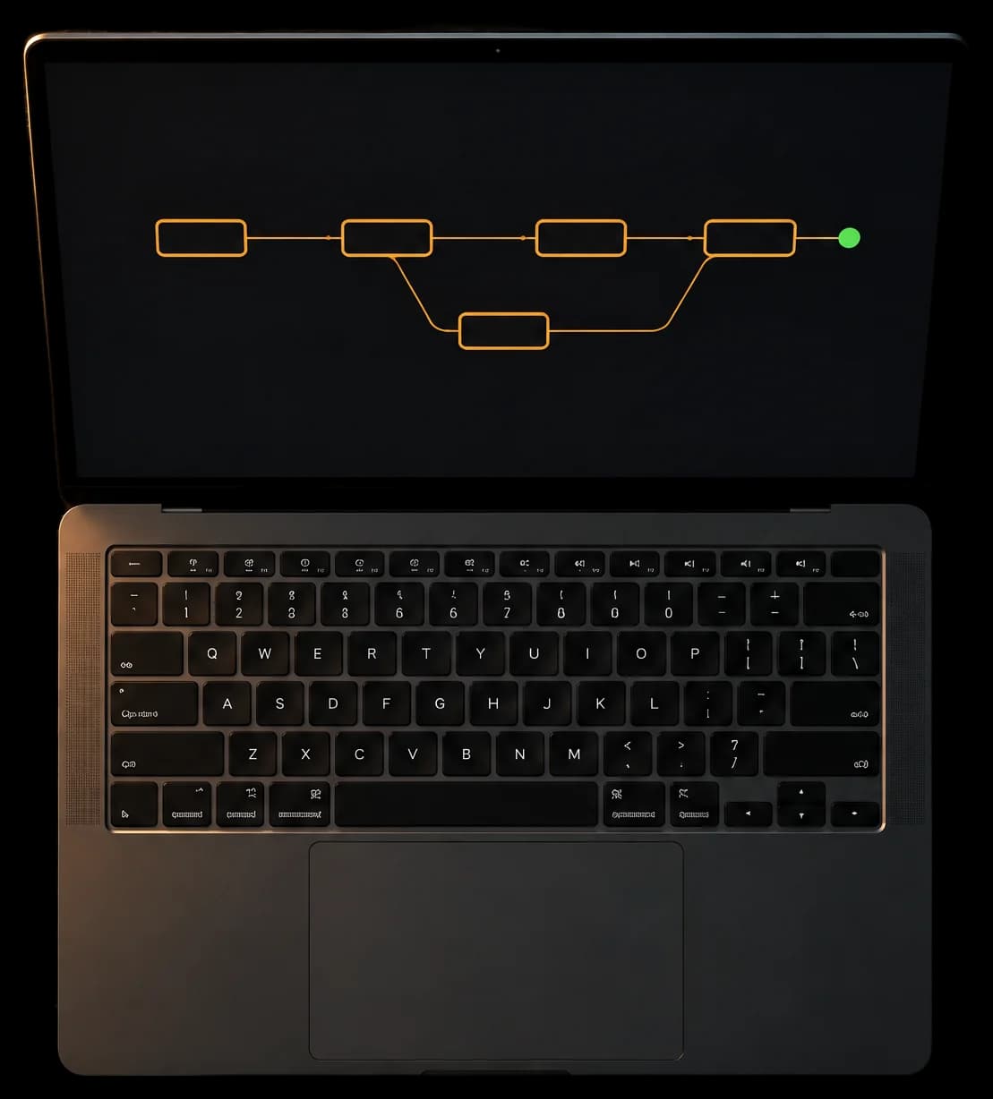 Ein aufgeklappter Laptop von oben, auf dem Bildschirm ein Workflow aus Kästen in Amber mit einem grünen Punkt am Ende.