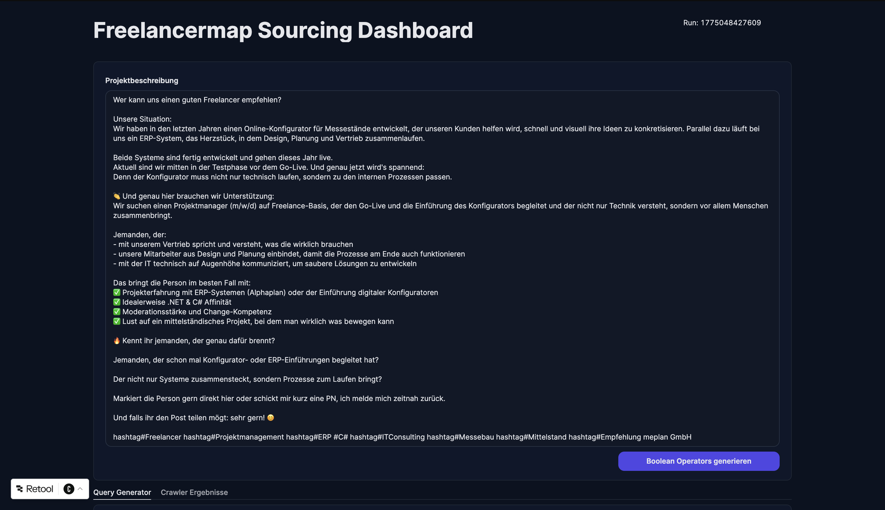 bizforward Retool Sourcing Dashboard &ndash; Projektbeschreibung eingeben und Suchstrategien generieren