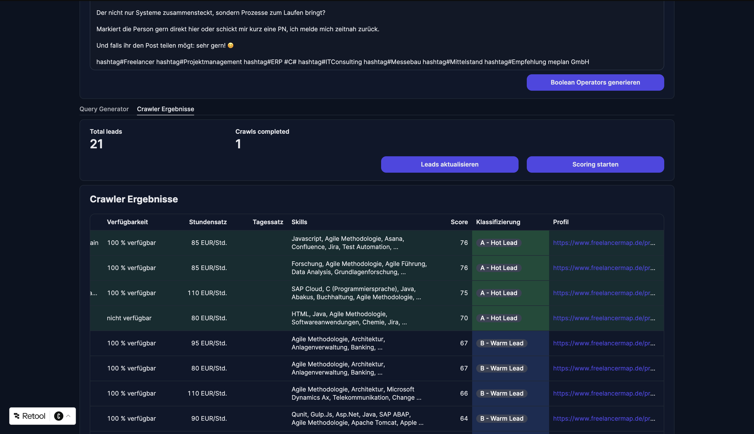 bizforward Crawler-Ergebnisse mit KI-Scoring &ndash; priorisierte Kandidatenliste mit Score und Klassifizierung
