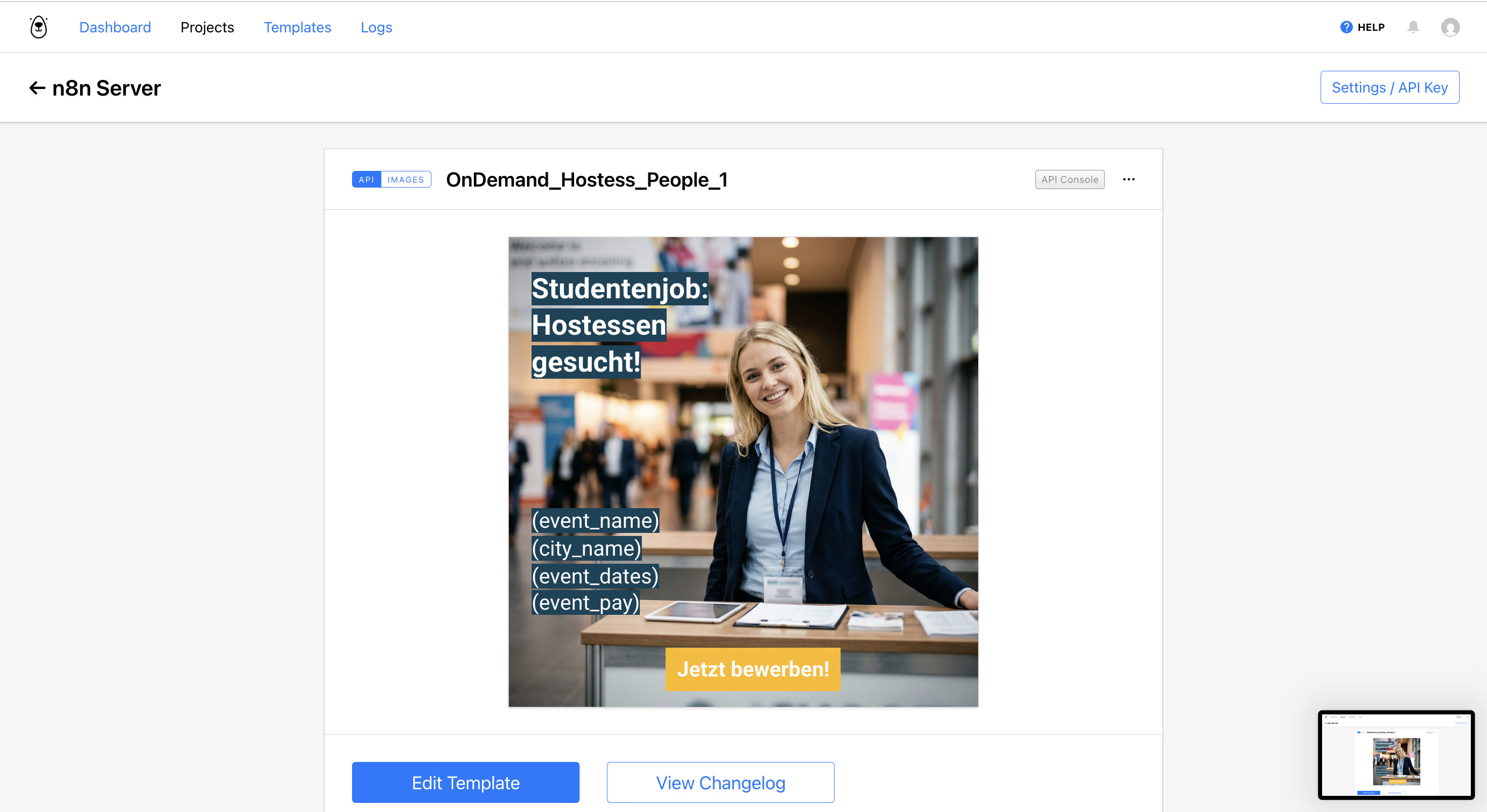 Bannerbear Template f&uuml;r UCM Jobs &ndash; dynamische Anzeigenbilder mit Platzhaltern f&uuml;r Event, Stadt und Bezahlung