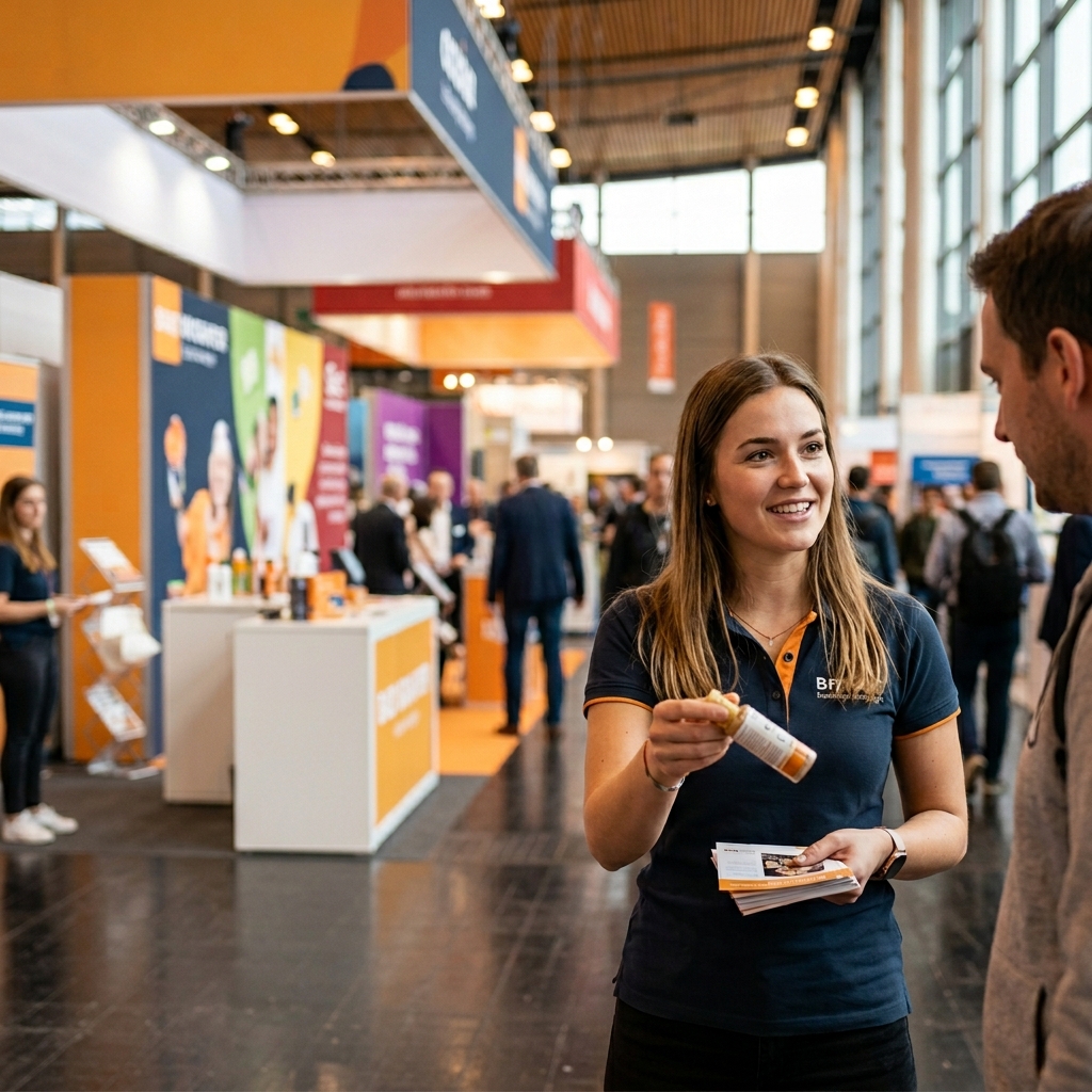 KI-generiertes Anzeigenbild f&uuml;r UCM Jobs &ndash; Promoterin auf einer Messe