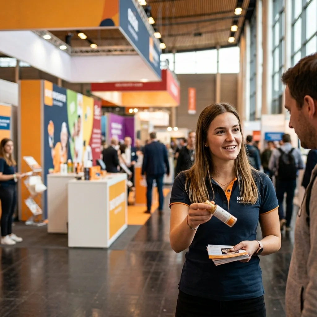 KI-generiertes Anzeigenbild f&uuml;r UCM Jobs &ndash; Promoterin auf einer Messe