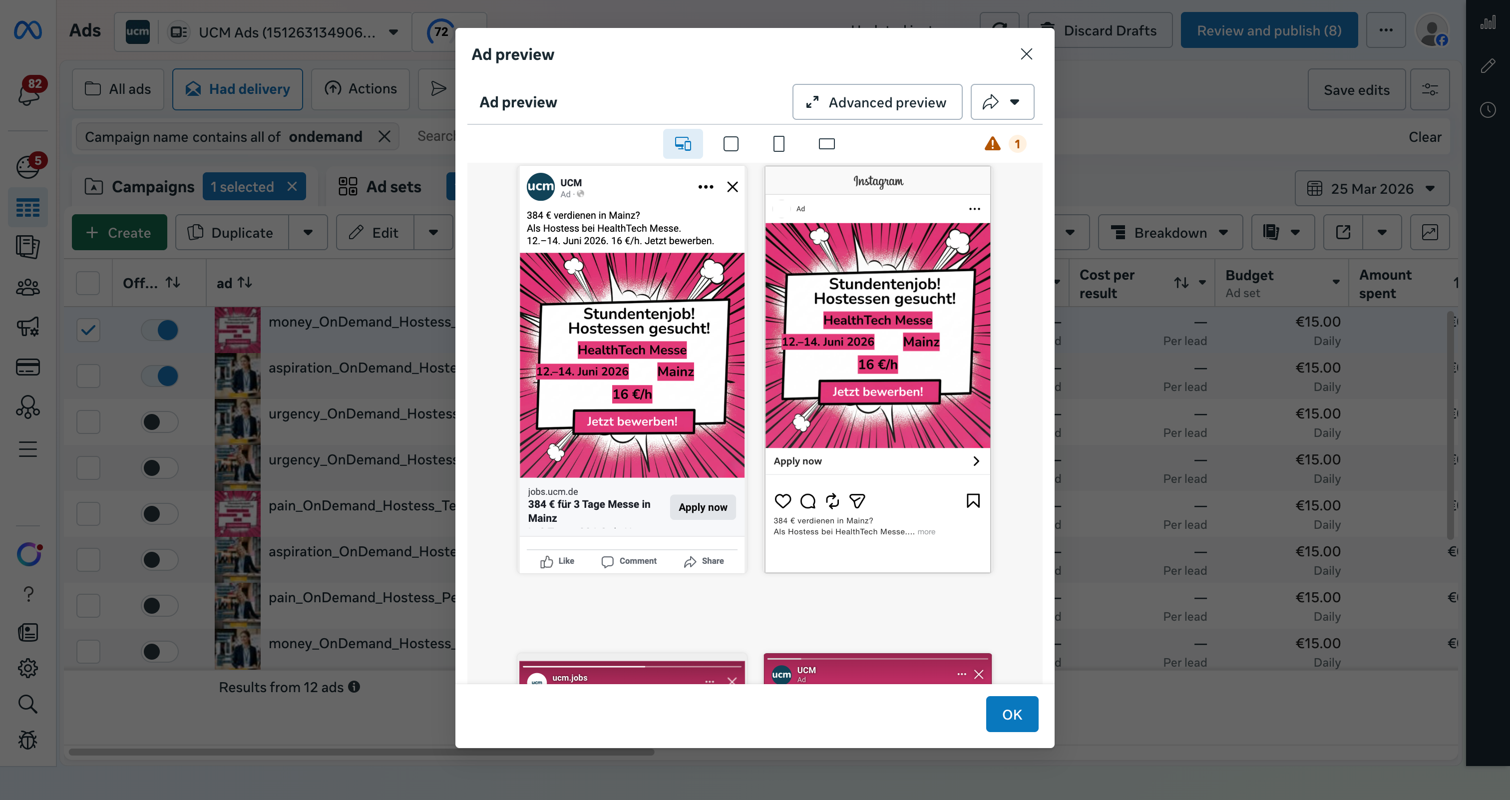 Meta Ads Manager mit automatisch erstellten UCM Jobs Anzeigen &ndash; Facebook und Instagram Vorschau